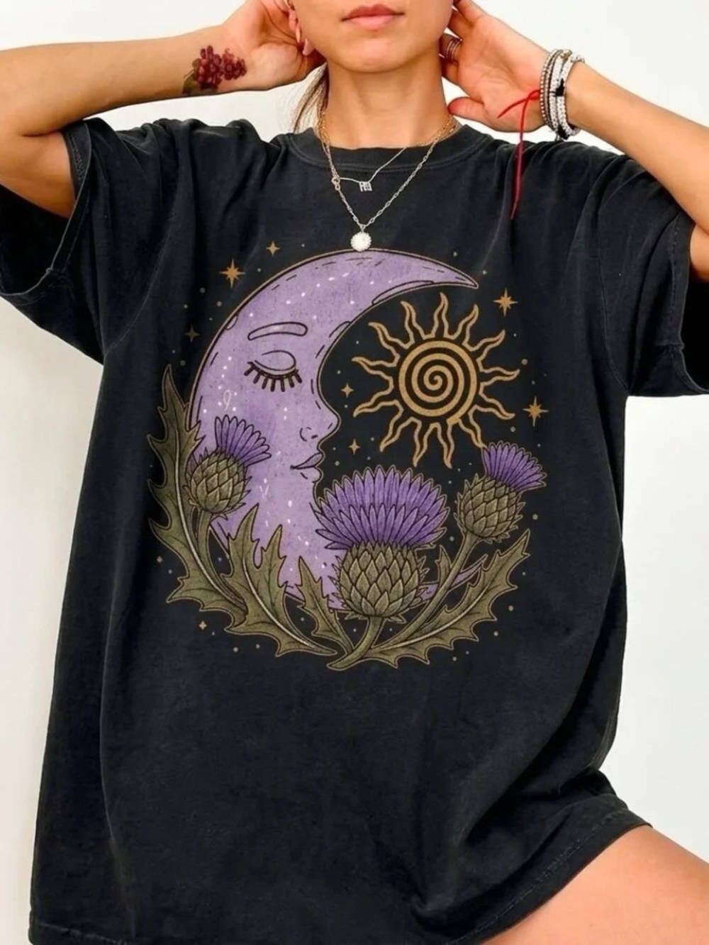 Black Tee with Purple Moon, Gold Sun & Thistle Art